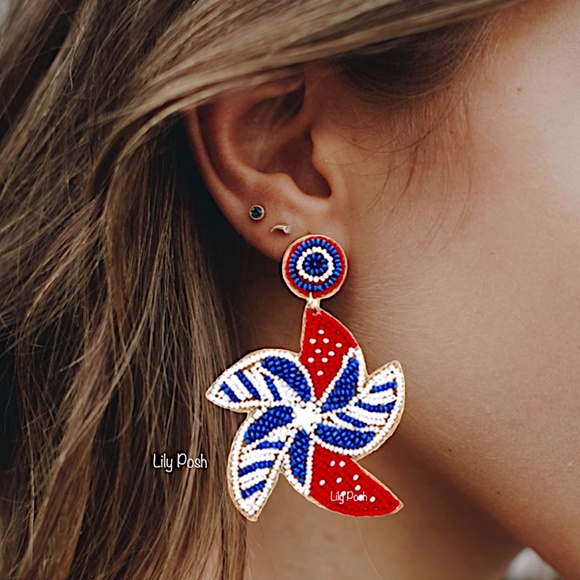 3 Pairs, Beaded Red White Blue Earring, Ice Cream Pinwheel Cocktail Earrings - Picture 3 of 5